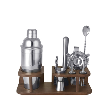Set de instrumente pentru cocktailuri din oțel inoxidabil, cu suport din lemn, capacitate 700 ml, include shaker, strecurător pentru gheață, jigger, lingură de bar, muddler, clește pentru gheață, pourer pentru vin, deschizător de sticle – 10 piese