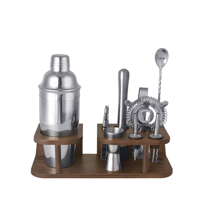 Set de instrumente pentru cocktailuri din oțel inoxidabil, cu suport din lemn, capacitate 700 ml, include shaker, strecurător pentru gheață, jigger, lingură de bar, muddler, clește pentru gheață, pourer pentru vin, deschizător de sticle – 10 piese