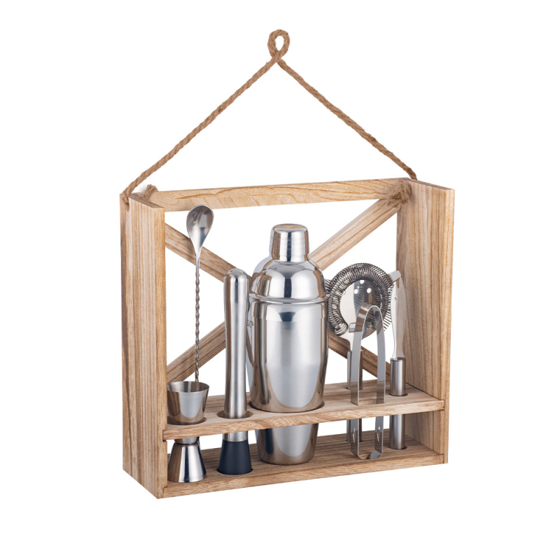 Set de instrumente pentru cocktail din oțel inoxidabil, 700 ml, stil european retro pentru bar, suport din lemn, cutie cadou personalizabilă