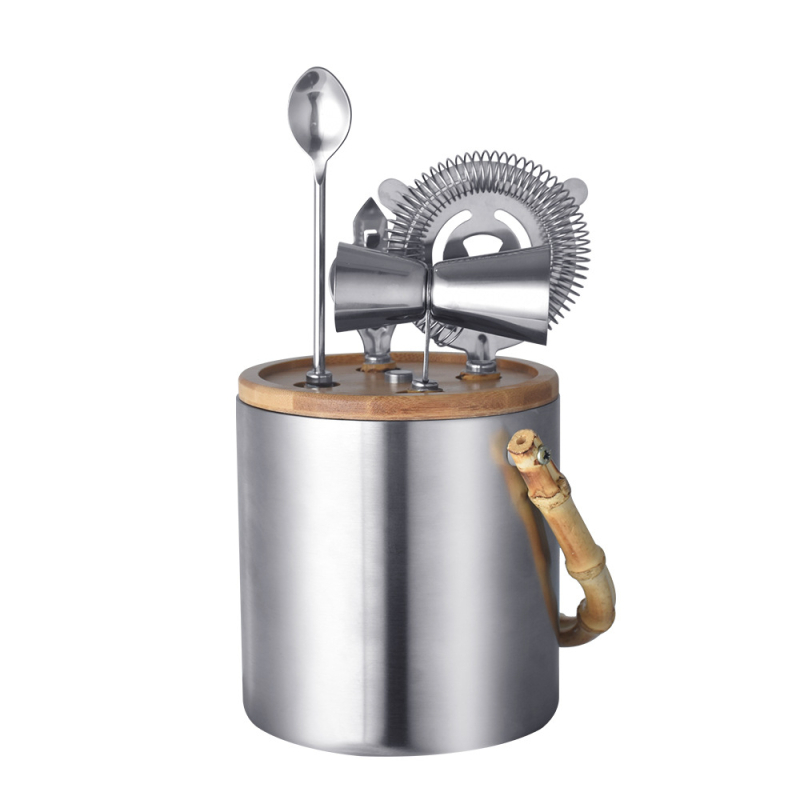 Set de cocktail din oțel inoxidabil — kit de 6 piese cu recipient pentru gheață, deschizător de sticle, măsurător, lingură de amestec, strecurător pentru gheață, raft de depozitare