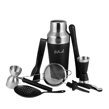 Set de unelte pentru bar din oțel inoxidabil, cu suport din lemn pătrat: shaker pentru cocktailuri, clește pentru gheață, strecurător pentru gheață și pahare de măsurare