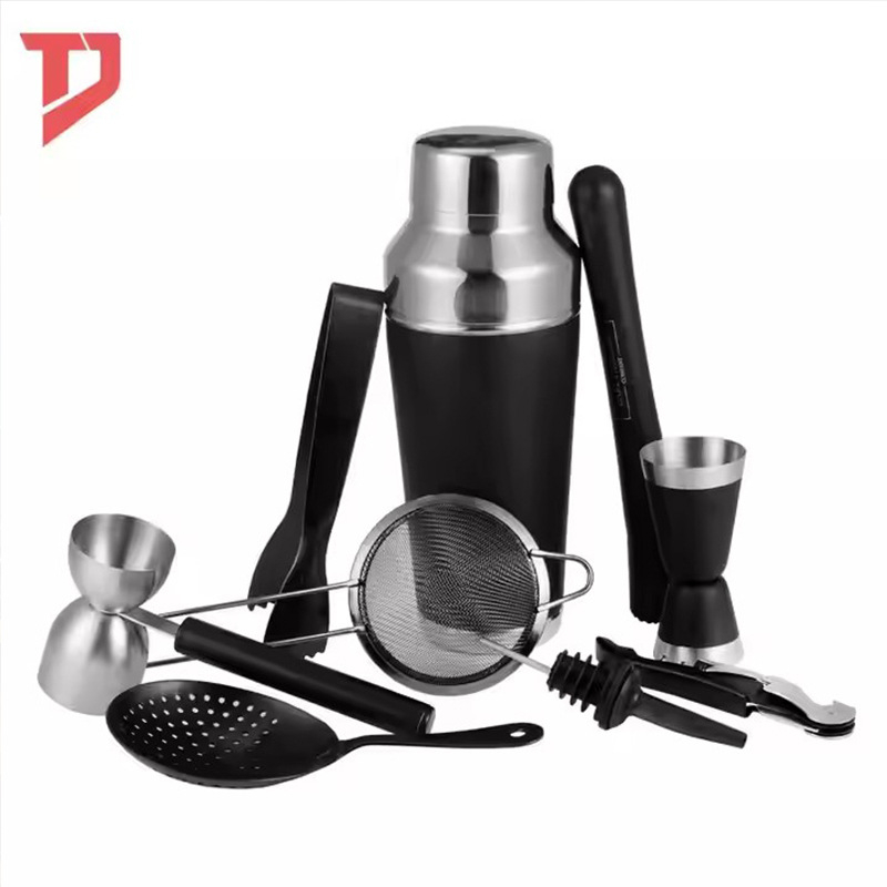 Set de unelte pentru bar din oțel inoxidabil, cu suport din lemn pătrat: shaker pentru cocktailuri, clește pentru gheață, strecurător pentru gheață și pahare de măsurare