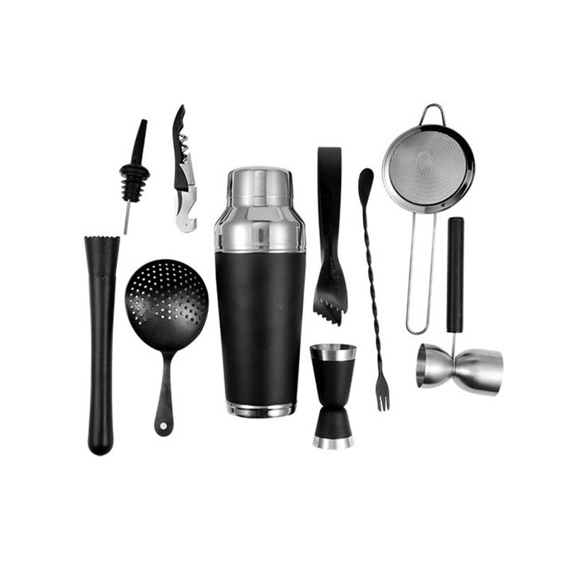 Set de unelte pentru bar din oțel inoxidabil, cu suport din lemn pătrat: shaker pentru cocktailuri, clește pentru gheață, strecurător pentru gheață și pahare de măsurare