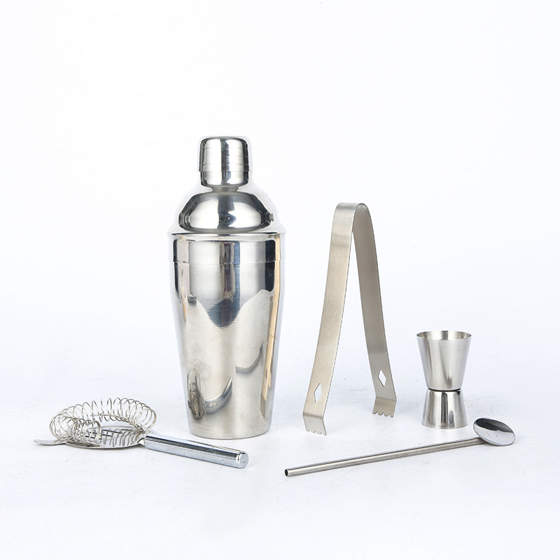 Set de 5 piese din oțel inoxidabil pentru cocktailuri – shaker, ceașcă de măsurare, lingură de amestec, filtru pentru gheață, clips pentru gheață