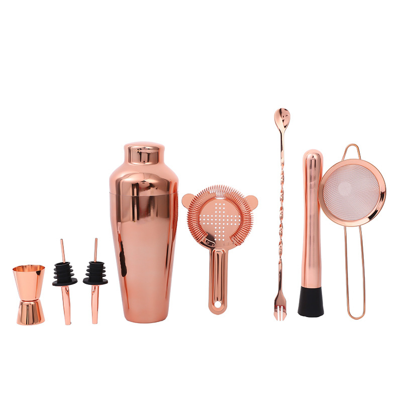 Set cocktail roz auriu, 600 ml, 8 piese, filtr de gheață și accesorii de bar