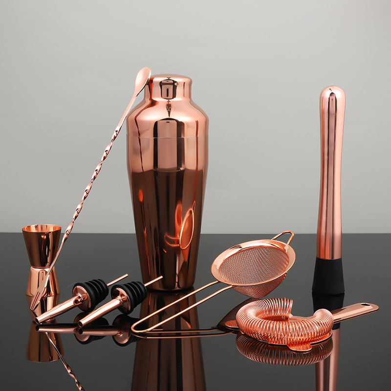 Set cocktail roz auriu, 600 ml, 8 piese, filtr de gheață și accesorii de bar