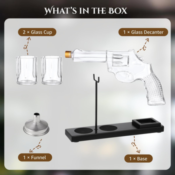 Set de decantare în formă de pistol, din sticlă pentru whisky