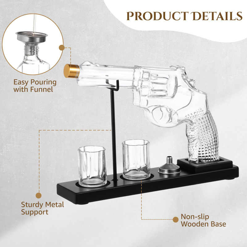 Set de decantare în formă de pistol, din sticlă pentru whisky