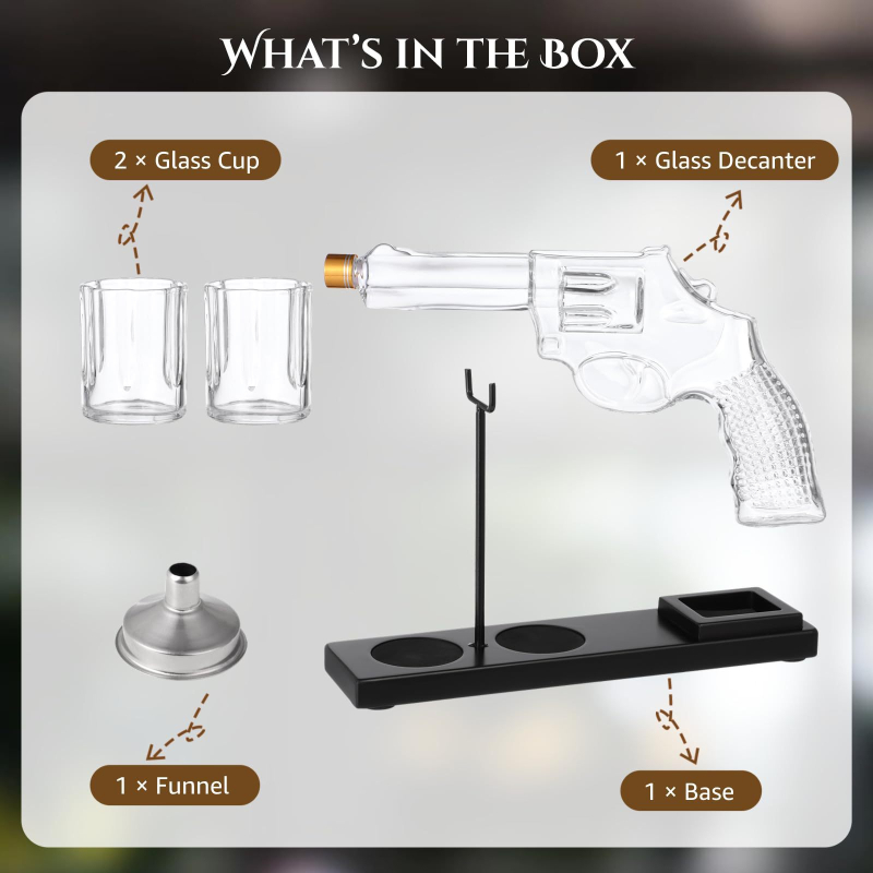 Set de decantare în formă de pistol, din sticlă pentru whisky