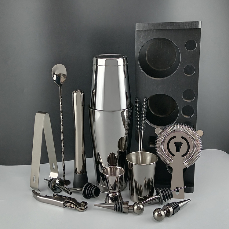 Set de bar din oțel inoxidabil: cană de măsurat Boston, lingură de bar, strecurător pentru gheață, shaker pentru cocktail, clips pentru gheață și stropitor