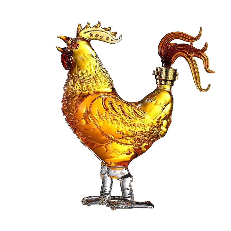 Decantor de vin din sticlă borosilicat, în formă de cocoș, cu cele douăsprezece animale ale zodiacului; sticlă goală