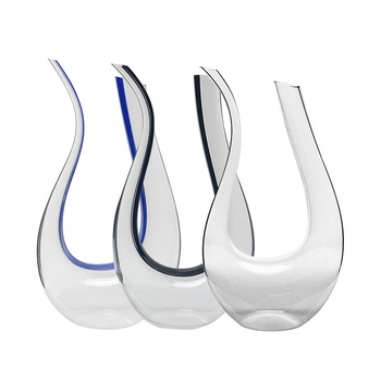 Decantor de vin din cristal fără plumb, cu dungi verticale albastre și negre, design în formă de harpă în stil U