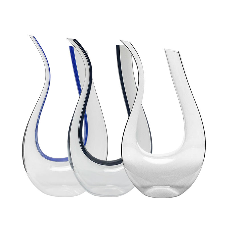 Decantor de vin din cristal fără plumb, cu dungi verticale albastre și negre, design în formă de harpă în stil U