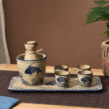 Set ceramic de încălzire pentru vin în stil retro – oală și patru căni, pentru restaurante de sushi, dozator pentru vin de prune și sake