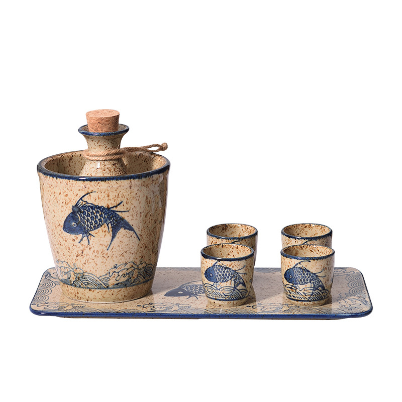 Set ceramic de încălzire pentru vin în stil retro – oală și patru căni, pentru restaurante de sushi, dozator pentru vin de prune și sake