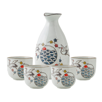 Set de pahare pentru sake din porțelan cu oală mică, 5 piese, porțelan alb, stil retro ușor luxos.
