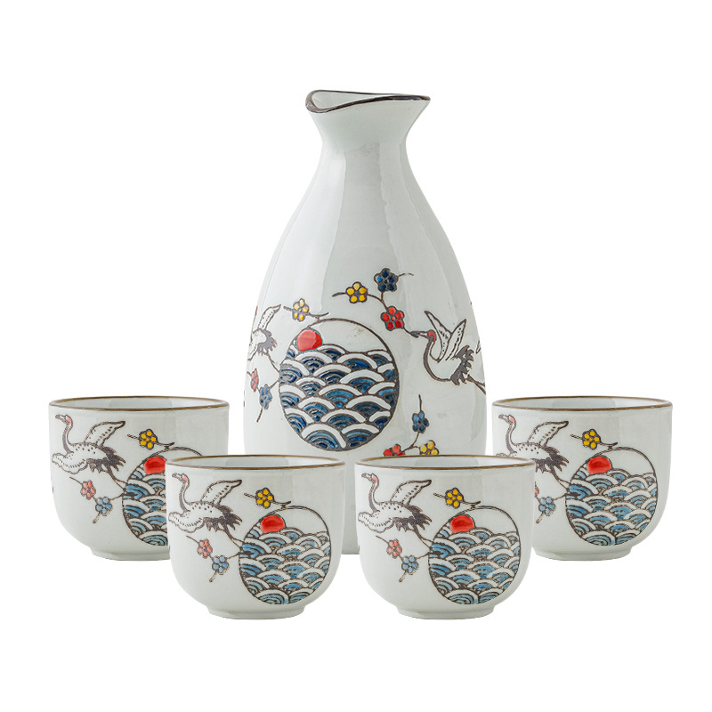 Set de pahare pentru sake din porțelan cu oală mică, 5 piese, porțelan alb, stil retro ușor luxos.