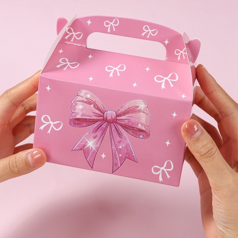Cutie cadou roz cu fundă, designuri variate, cutie cu mâner pentru nunți și nașteri, cutie pentru bomboane și ambalaj cadouri