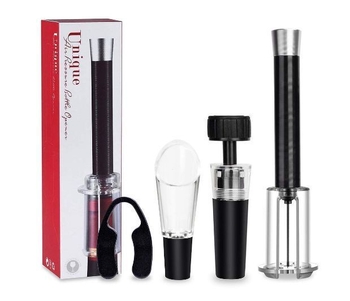 Deschizător de vin cu presiune aer, tip ac, dop pentru vin, turnător și tăietor de folie – set de 4 piese în cutie colorată