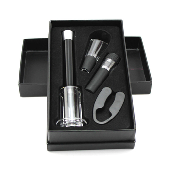 Deschizător de vin cu presiune aer, tip ac, dop pentru vin, turnător și tăietor de folie – set de 4 piese în cutie colorată