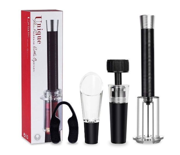 Deschizător de vin cu presiune aer, tip ac, dop pentru vin, turnător și tăietor de folie – set de 4 piese în cutie colorată