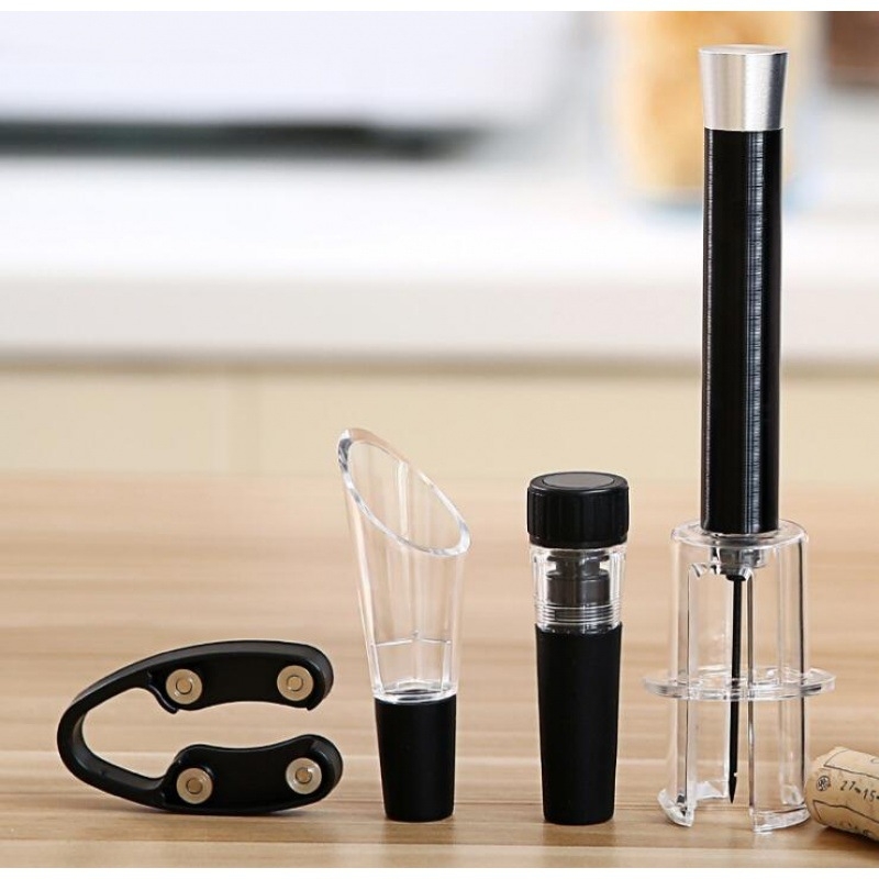 Deschizător de vin cu presiune aer, tip ac, dop pentru vin, turnător și tăietor de folie – set de 4 piese în cutie colorată