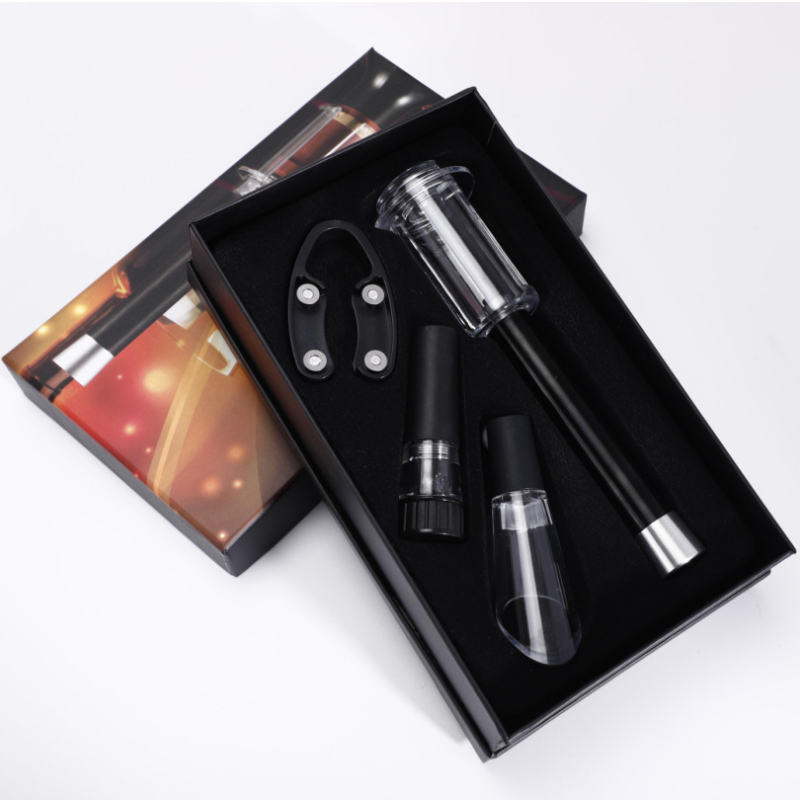 Deschizător de vin cu presiune aer, tip ac, dop pentru vin, turnător și tăietor de folie – set de 4 piese în cutie colorată