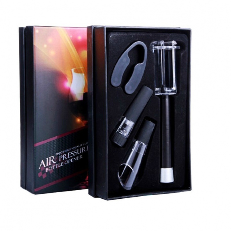 Deschizător de vin cu presiune aer, tip ac, dop pentru vin, turnător și tăietor de folie – set de 4 piese în cutie colorată