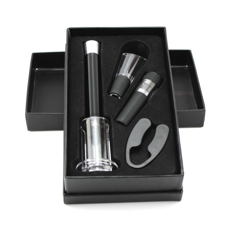 Deschizător de vin cu presiune aer, tip ac, dop pentru vin, turnător și tăietor de folie – set de 4 piese în cutie colorată