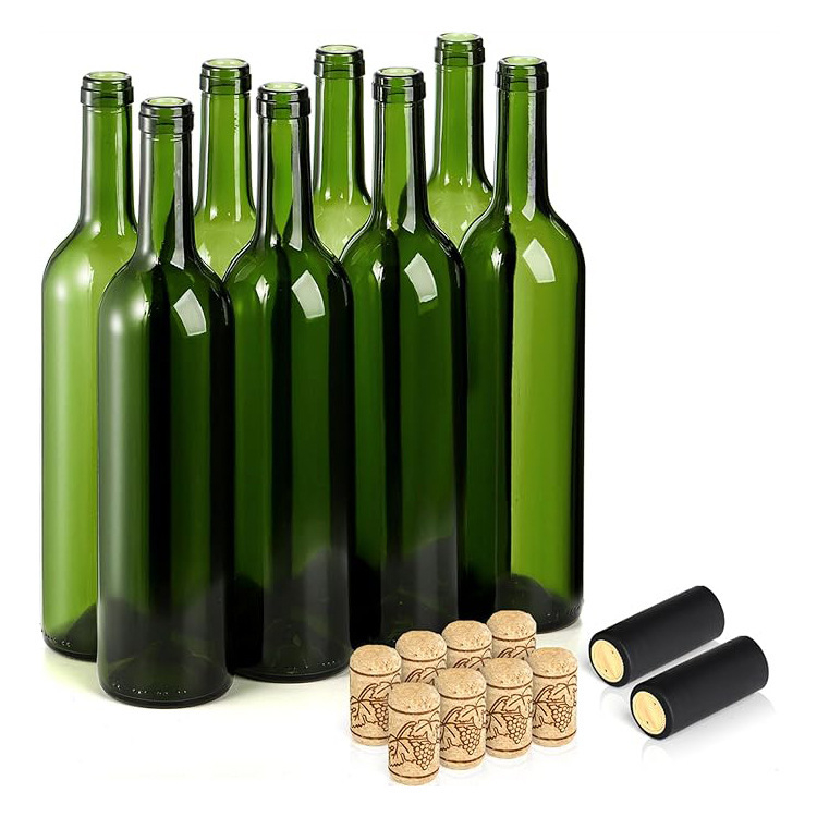 Zöld üvegű vörösboros palack, 750 ml, parafa záró és zárt fedél