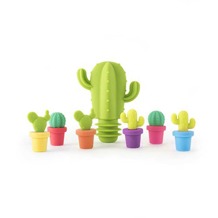 Stopper din silicon în formă de cactus pentru sticla de vin și marker pentru pahar