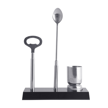 Set de bar din oțel inoxidabil cu suport acrilic negru – set patru piese de instrumente pentru cocktailuri (deschizător de sticle, lingură de amestec, cană de măsurare, suport acrilic)