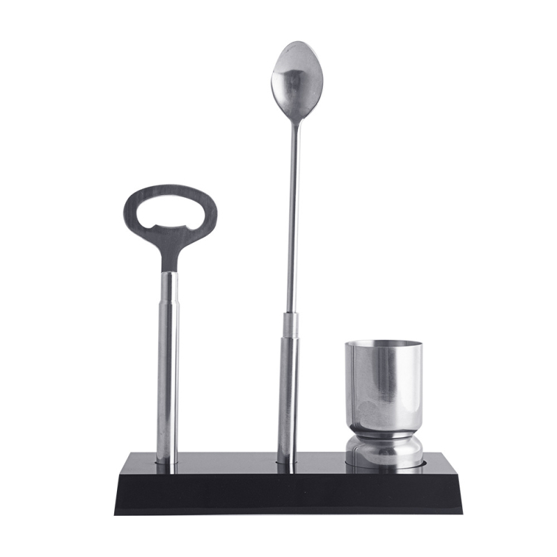 Set de bar din oțel inoxidabil cu suport acrilic negru – set patru piese de instrumente pentru cocktailuri (deschizător de sticle, lingură de amestec, cană de măsurare, suport acrilic)