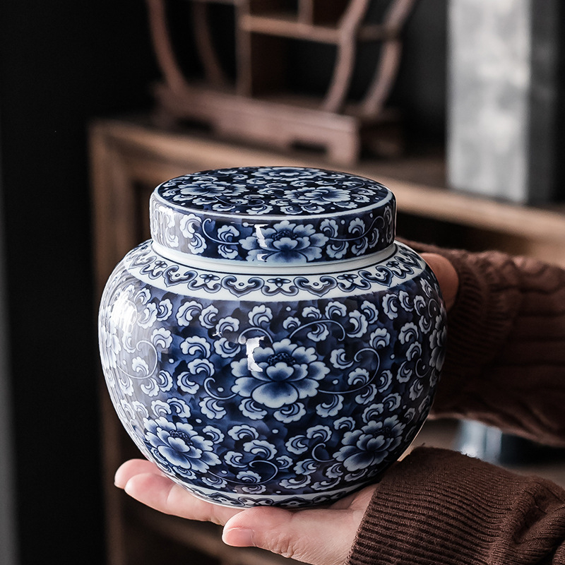 Cutie ceramică pentru ceai, ambalaj cadou albastru‑alb pentru depozitarea ceaiurilor verzi, albe și Pu’er