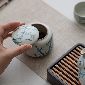 Cutie ceramică albastru-alb Ru kiln, sigilată, pentru ceai verde, ceai alb și Pu'er