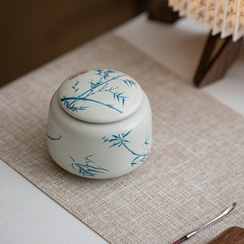 Cutie ceramică albastru-alb Ru kiln, sigilată, pentru ceai verde, ceai alb și Pu'er