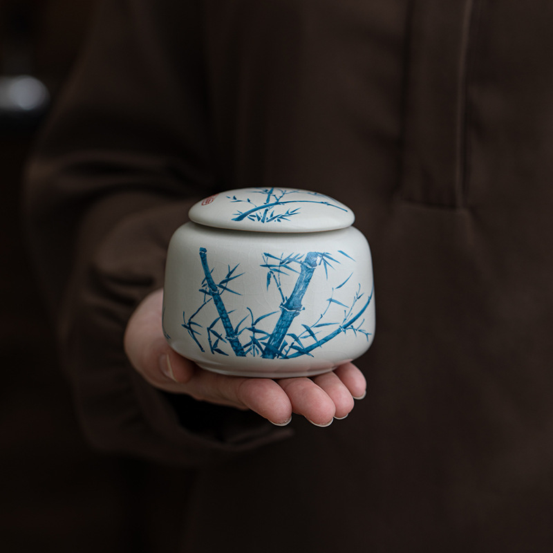 Cutie ceramică albastru-alb Ru kiln, sigilată, pentru ceai verde, ceai alb și Pu'er