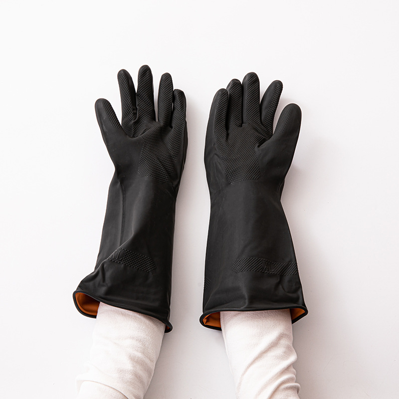 Industrijske zaštitne gumene rukavice, crne izvana, narančaste iznutra, duljine 31 cm, otporne na kiseline i baze, debeli, protuklizna tekstura, udoban latex, antistatične