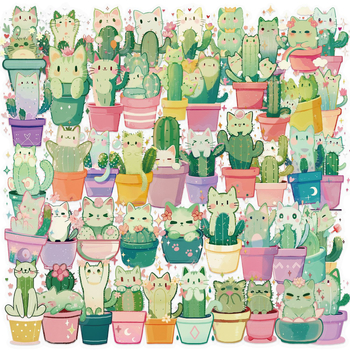 50 stickere cu pisici și cactuși, stil retro desenat, PET rezistent la apă, decor pentru jurnal/agenda și proiect DIY pentru chitară.