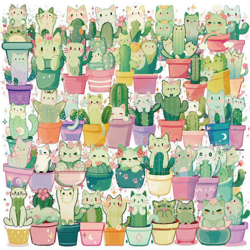 50 stickere cu pisici și cactuși, stil retro desenat, PET rezistent la apă, decor pentru jurnal/agenda și proiect DIY pentru chitară.