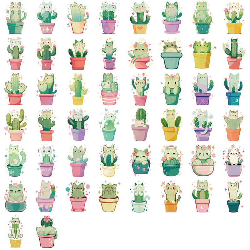 50 stickere cu pisici și cactuși, stil retro desenat, PET rezistent la apă, decor pentru jurnal/agenda și proiect DIY pentru chitară.
