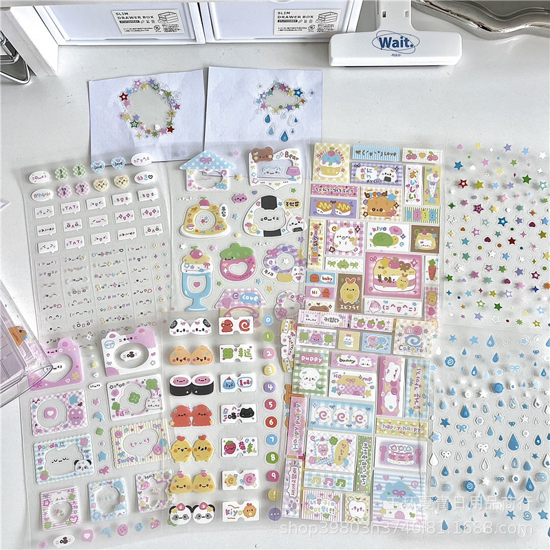 Etichete originale drăguțe în stil desen animat, rame și autocolante die-cut cu emoticoane și stele transparente pentru decorarea jurnalului