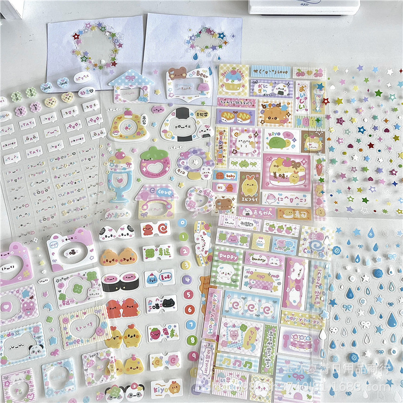 Etichete originale drăguțe în stil desen animat, rame și autocolante die-cut cu emoticoane și stele transparente pentru decorarea jurnalului