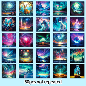 Set de 50 autocolante decorative ilustrate cu reni și auroră boreală