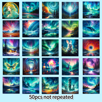 Set de 50 autocolante decorative ilustrate cu reni și auroră boreală