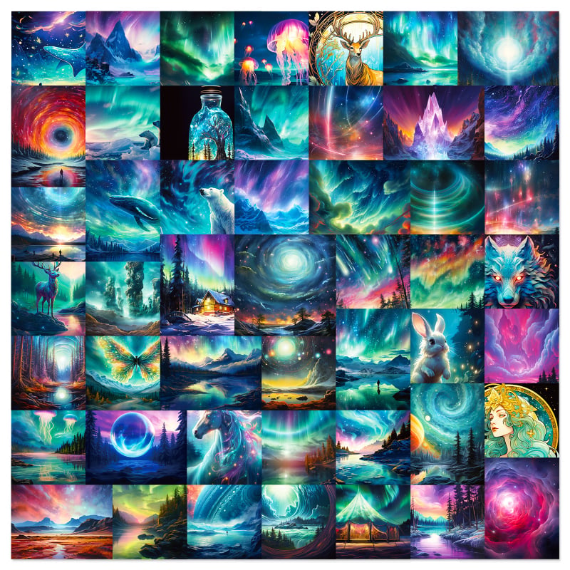 Set de 50 autocolante decorative ilustrate cu reni și auroră boreală