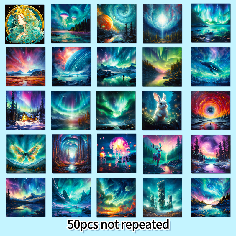 Set de 50 autocolante decorative ilustrate cu reni și auroră boreală