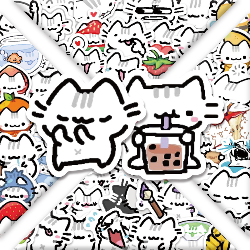 Set cu 100 Stickere Basil Kitten, desene animate drăguțe - impermeabile, pentru skateboard, birou și bagaje