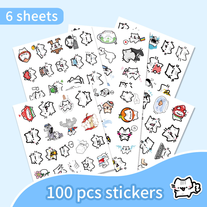 Set cu 100 Stickere Basil Kitten, desene animate drăguțe - impermeabile, pentru skateboard, birou și bagaje