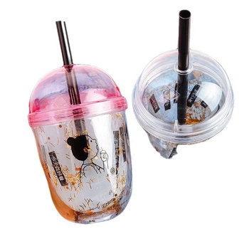 True Virtue 450 ml pahar plastic cu pereți dubli, izolat, capac și siglă, pai